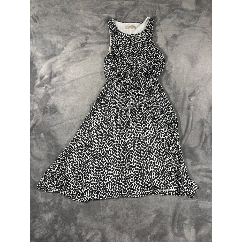 LOFT Womens Animal Print Sleeveless Dress XS Black White Elastic Waist Summer